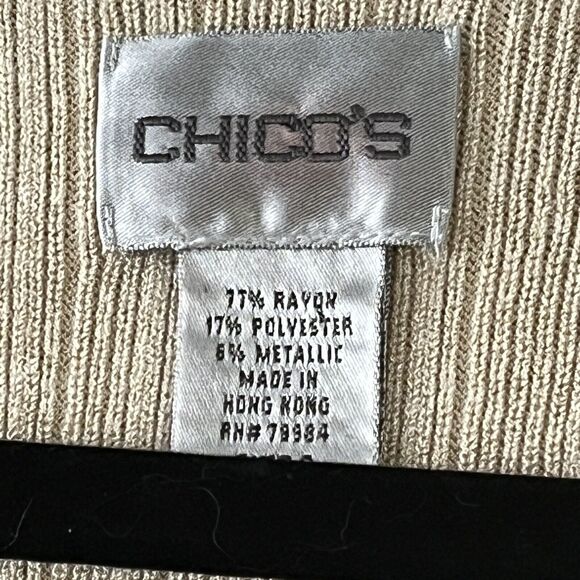 Chicos Womens Size 3 V Neck Sweater Ribbed Beige Gold Threads Metallic Stretchy - Picture 5 of 8